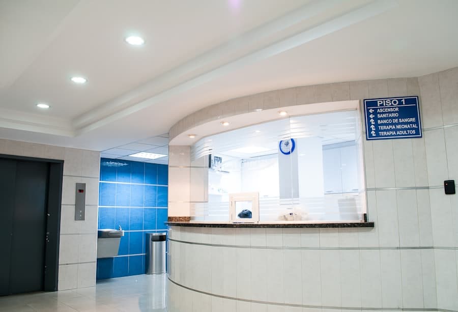 Hospital building exterior with a glazed entrance canopy