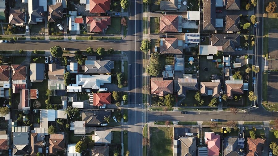 Aerial view of a planned residential neighbourhood with a grid of roads