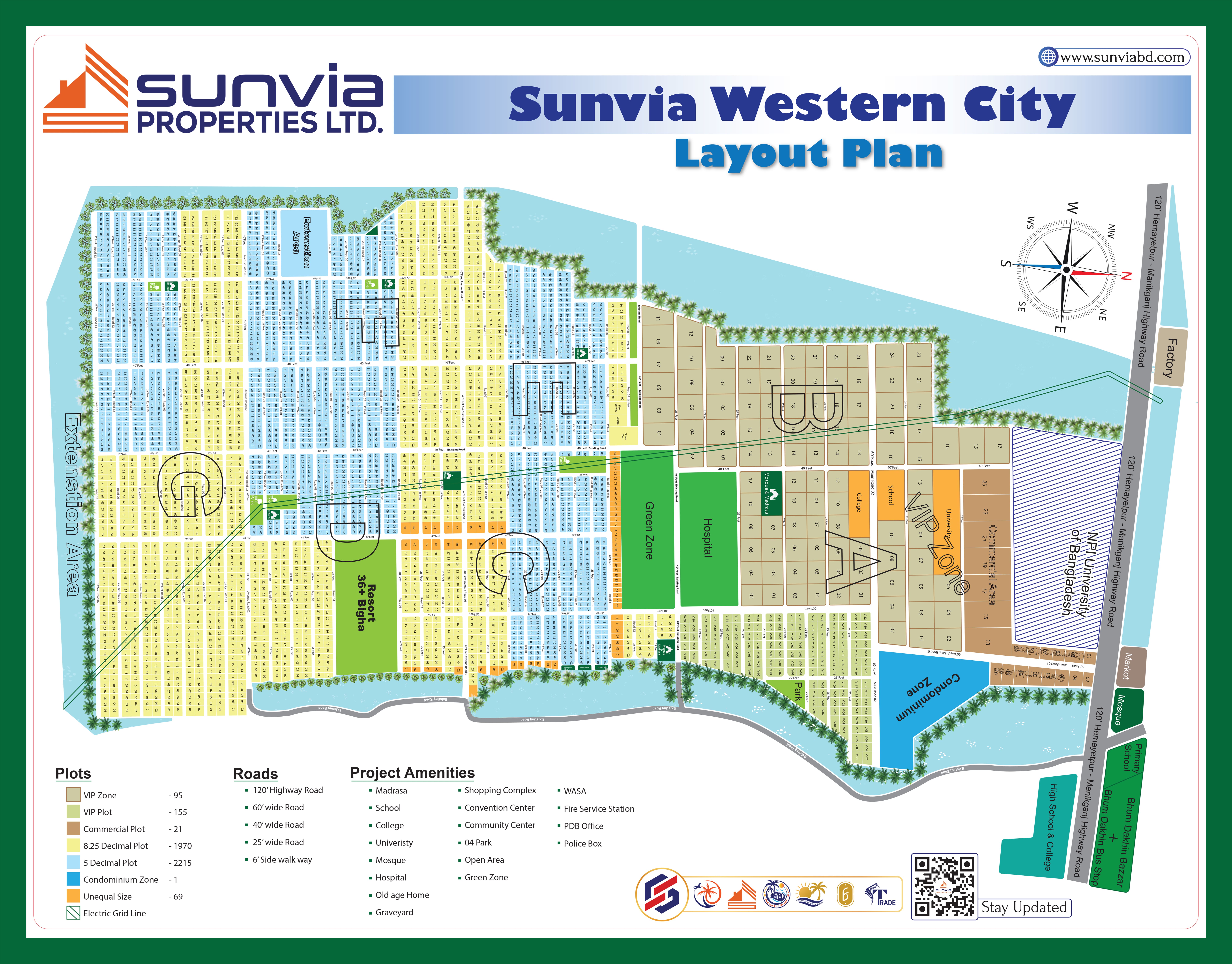 Official Sunvia Western City layout plan: a colour-coded master plan of the township showing numbered residential and commercial blocks, the VIP and condominium zones, internal road hierarchy from the 120-foot highway down to 6-foot walkways, and surrounding landmarks